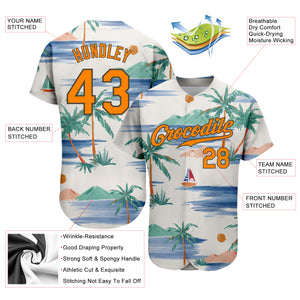 Custom White Bay Orange-Olive 3D Pattern Design Beach Coconut Palms Island And Sailboat Authentic Baseball Jersey
