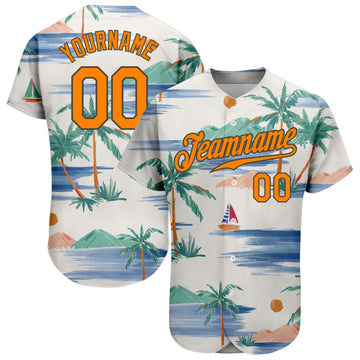 Custom White Bay Orange-Olive 3D Pattern Design Beach Coconut Palms Island And Sailboat Authentic Baseball Jersey