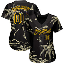 Загрузить изображение в средство просмотра галереи, Custom Black Gold 3D Pattern Design Hawaii Palm Trees Island And Sailboat Authentic Baseball Jersey
