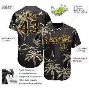 Custom Black Gold 3D Pattern Design Hawaii Palm Trees Island And Sailboat Authentic Baseball Jersey