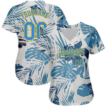 Laden Sie das Bild in den Galerie-Viewer, Custom White Electric Blue-Gold 3D Pattern Design Hawaii Palm Leaves And Flowers Authentic Baseball Jersey
