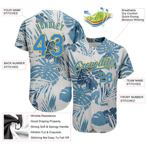 Custom White Electric Blue-Gold 3D Pattern Design Hawaii Palm Leaves And Flowers Authentic Baseball Jersey