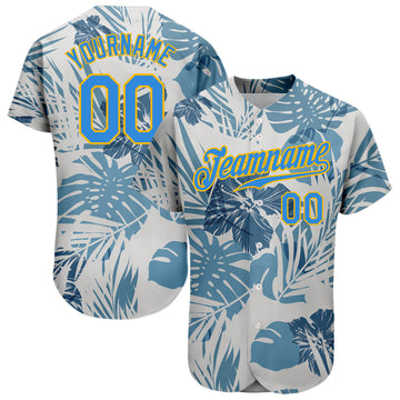 Custom White Electric Blue-Gold 3D Pattern Design Hawaii Palm Leaves And Flowers Authentic Baseball Jersey