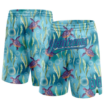 Custom Teal Purple 3D Pattern Aquatic Plants And Sea Turtles Authentic Basketball Shorts