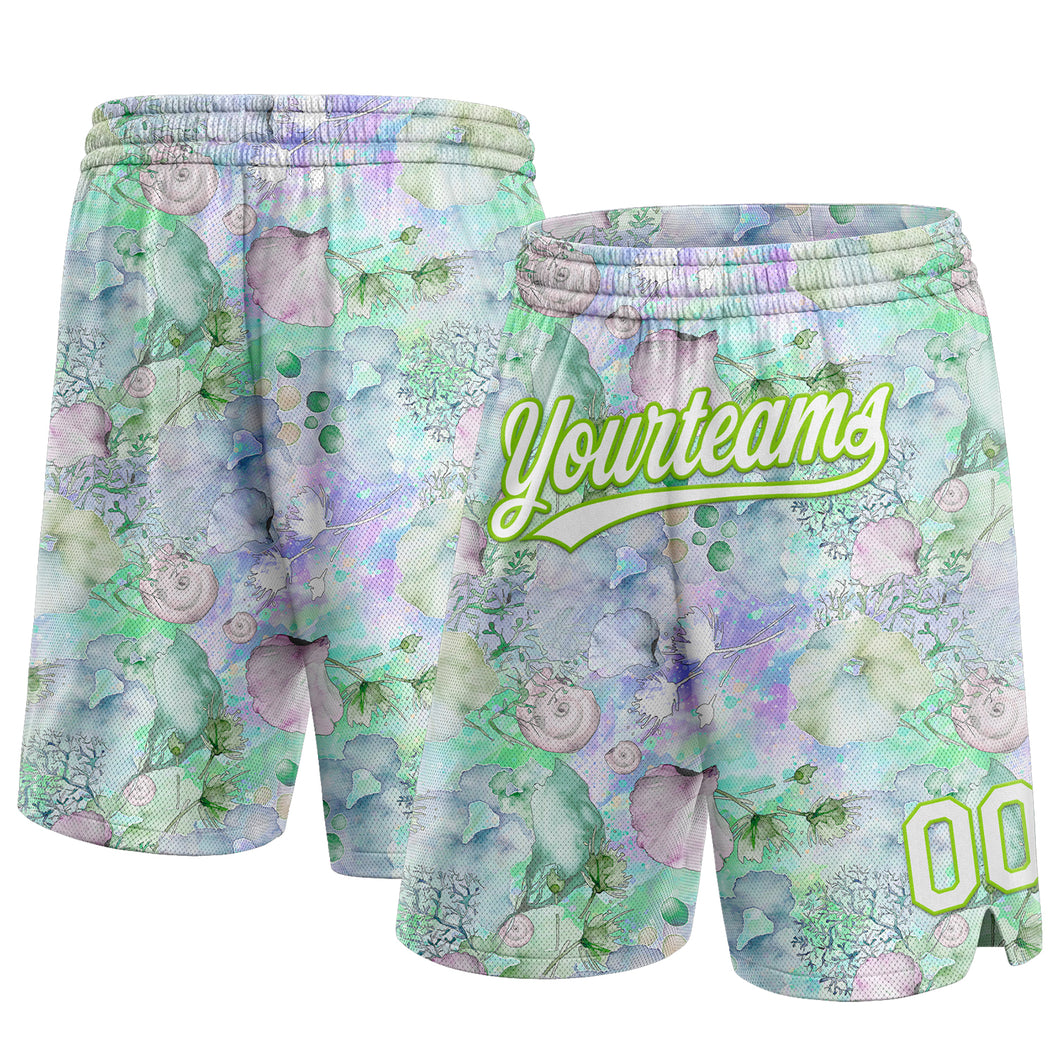 Custom White Aurora Green 3D Pattern Aquatic Plants And Conch Authentic Basketball Shorts