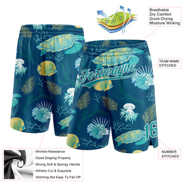 Custom Midnight Green Teal-White 3D Pattern Aquatic Plants And Sea Turtles Authentic Basketball Shorts