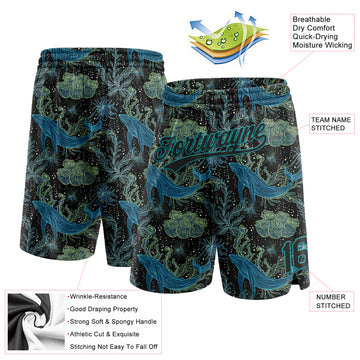 Custom Black Black-Teal 3D Pattern Whale And Fish Authentic Basketball Shorts