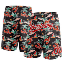 Laden Sie das Bild in den Galerie-Viewer, Custom Black Red-White 3D Pattern Sun Beach Hawaii Palm Trees And Lobster Authentic Basketball Shorts
