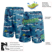 Laden Sie das Bild in den Galerie-Viewer, Custom Navy Teal-Yellow 3D Pattern Hawaii Palm Trees And Island Authentic Basketball Shorts
