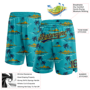 Custom Teal Navy-Yellow 3D Pattern Hawaii Palm Trees And Island Authentic Basketball Shorts