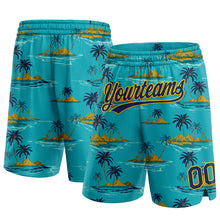 Load image into Gallery viewer, Custom Teal Navy-Yellow 3D Pattern Hawaii Palm Trees And Island Authentic Basketball Shorts
