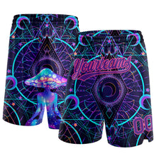 Laden Sie das Bild in den Galerie-Viewer, Custom Black Purple-Pink 3D Pattern Magic Mushrooms Over Sacred Geometry Psychedelic Hallucination Authentic Basketball Shorts
