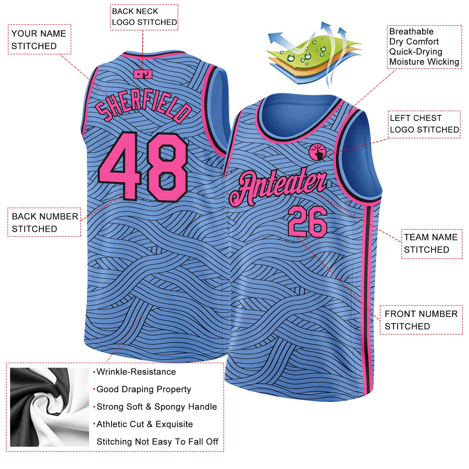 Pink PAN_Ther Swingman Basketball Jersey, Stitched Letters and Numbers