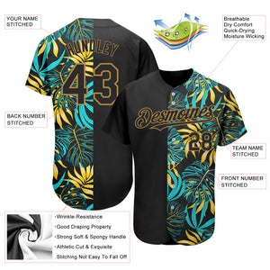 Custom Black Old Gold 3D Pattern Design Hawaii Tropical Palm Leaves Authentic Baseball Jersey