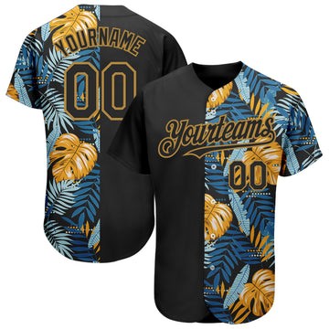 Custom Black Old Gold 3D Pattern Design Hawaii Tropical Leaves Authentic Baseball Jersey