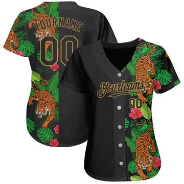 Custom Black Old Gold 3D Pattern Design Hawaii Tropical Tiger Authentic Baseball Jersey