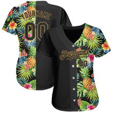 Laden Sie das Bild in den Galerie-Viewer, Custom Black Old Gold 3D Pattern Design Hawaii Tropical Pineapples, Palm Leaves And Flowers Authentic Baseball Jersey
