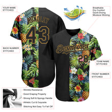 Load image into Gallery viewer, Custom Black Old Gold 3D Pattern Design Hawaii Tropical Pineapples, Palm Leaves And Flowers Authentic Baseball Jersey
