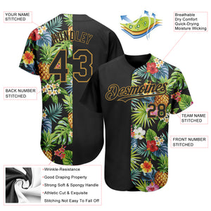 Custom Black Old Gold 3D Pattern Design Hawaii Tropical Pineapples, Palm Leaves And Flowers Authentic Baseball Jersey