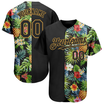 Custom Black Old Gold 3D Pattern Design Hawaii Tropical Pineapples, Palm Leaves And Flowers Authentic Baseball Jersey