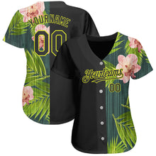 Laden Sie das Bild in den Galerie-Viewer, Custom Black Neon Yellow 3D Pattern Design Hawaii Tropical Palm Leaves With Orchids Authentic Baseball Jersey
