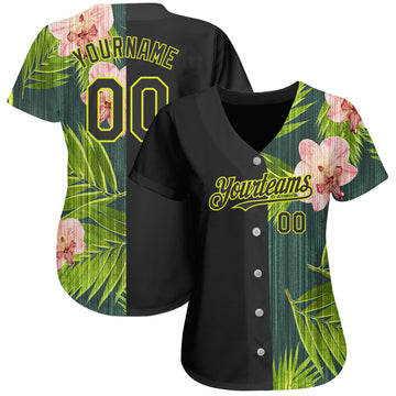 Custom Black Neon Yellow 3D Pattern Design Hawaii Tropical Palm Leaves With Orchids Authentic Baseball Jersey