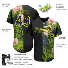 Laden Sie das Bild in den Galerie-Viewer, Custom Black Neon Yellow 3D Pattern Design Hawaii Tropical Palm Leaves With Orchids Authentic Baseball Jersey

