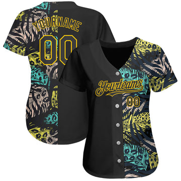 Custom Black Yellow 3D Pattern Design Hawaii Tropical Palm Leaves With Animal Print Authentic Baseball Jersey