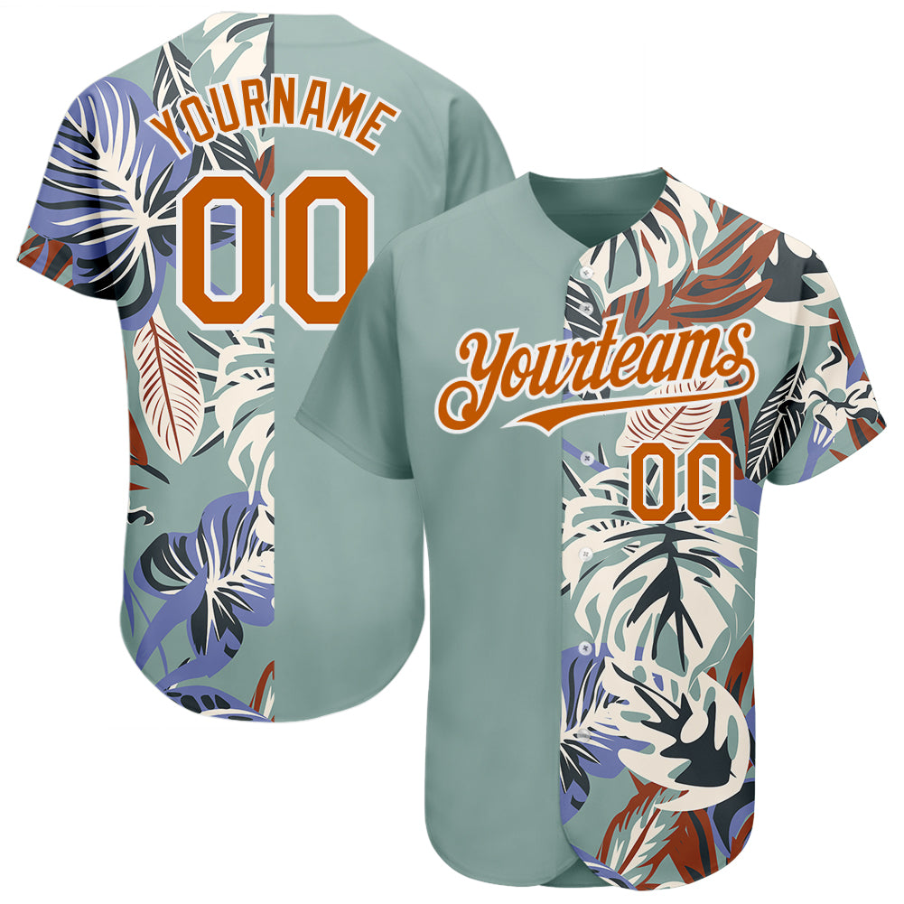 Custom Teal Texas Orange-White 3D Pattern Design Hawaii Tropical Palm Leaves Authentic Baseball Jersey