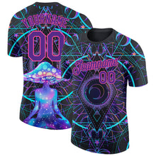 Laden Sie das Bild in den Galerie-Viewer, Custom Black Purple-Pink 3D Pattern Design Magic Mushrooms Over Sacred Geometry Psychedelic Hallucination Performance T-Shirt
