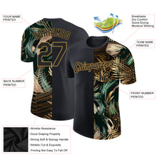 Laden Sie das Bild in den Galerie-Viewer, Custom Black Old Gold 3D Pattern Design Golden And Green Tropical Leaves In The Style Of Jungalow And Hawaii Performance T-Shirt
