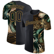 Laden Sie das Bild in den Galerie-Viewer, Custom Black Old Gold 3D Pattern Design Golden And Green Tropical Leaves In The Style Of Jungalow And Hawaii Performance T-Shirt
