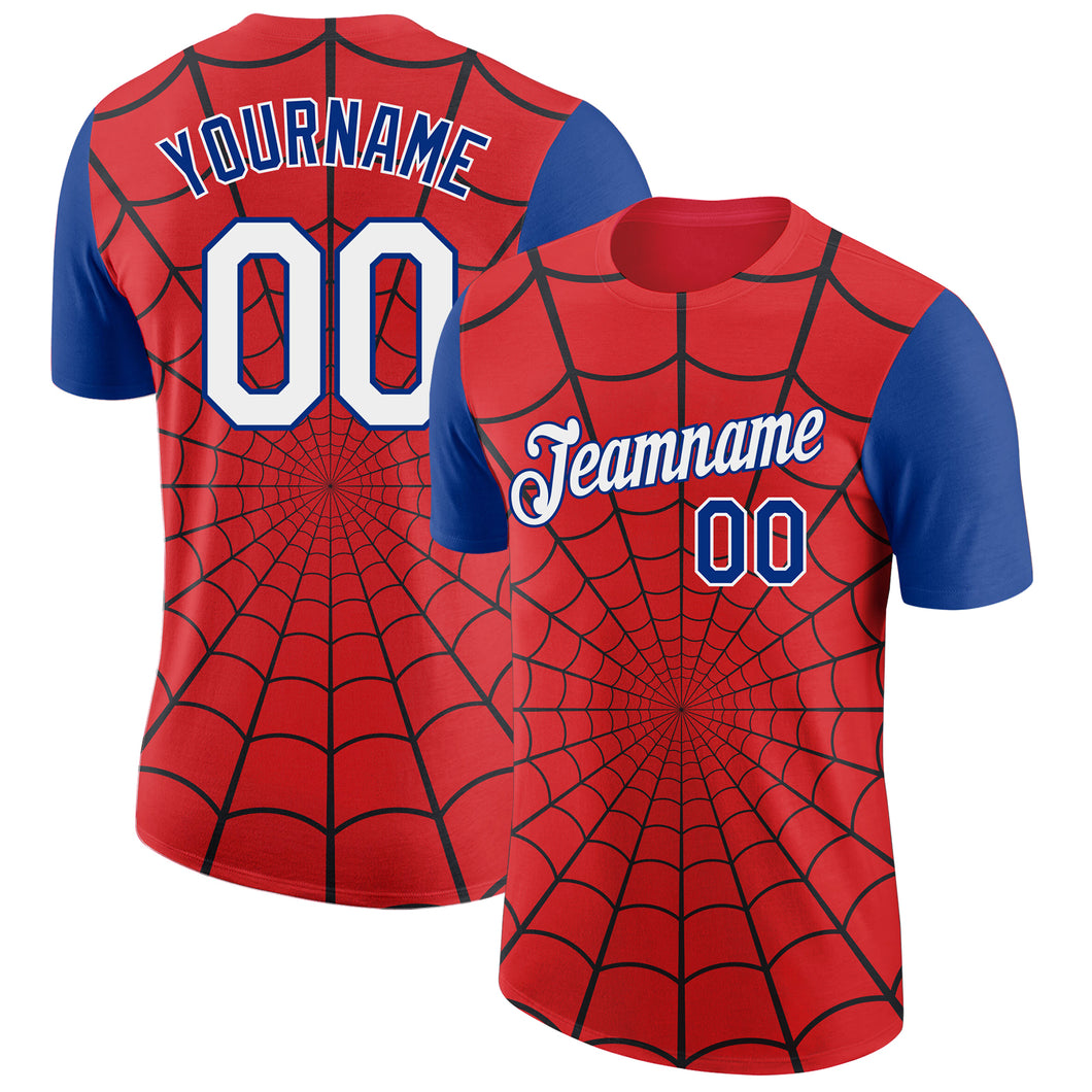 Custom Red White-Royal 3D Pattern Design Spider Performance T-Shirt