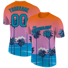 Laden Sie das Bild in den Galerie-Viewer, Custom Orange Teal-Navy 3D Pattern Design Sun Beach Hawaii Palm Trees Performance T-Shirt
