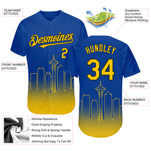 Custom Royal Yellow-Black 3D Seattle City Edition Fade Fashion Authentic Baseball Jersey