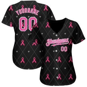 Custom Black Pink-White 3D Pink Ribbon Breast Cancer Awareness Month Women Health Care Support Authentic Baseball Jersey