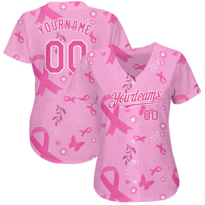 Custom Pink-White 3D Pink Ribbon Breast Cancer Awareness Month Women Health Care Support Authentic Baseball Jersey