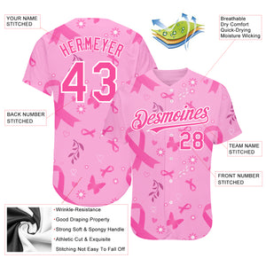 Custom Pink-White 3D Pink Ribbon Breast Cancer Awareness Month Women Health Care Support Authentic Baseball Jersey