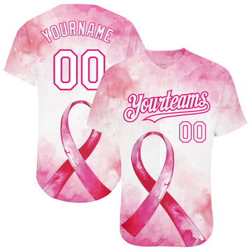 Custom Pink White-Hot Pink 3D Pink Ribbon Breast Cancer Awareness Month Women Health Care Support Authentic Baseball Jersey
