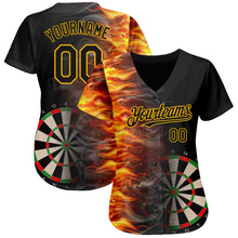 Загрузить изображение в средство просмотра галереи, Custom Black Gold 3D Pattern Design Fiery Dart Board Authentic Baseball Jersey
