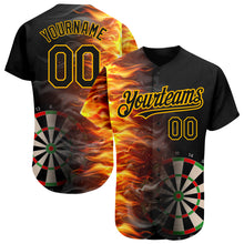 Загрузить изображение в средство просмотра галереи, Custom Black Gold 3D Pattern Design Fiery Dart Board Authentic Baseball Jersey
