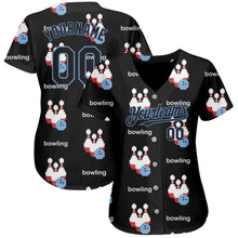 Загрузить изображение в средство просмотра галереи, Custom Black Light Blue 3D Pattern Design Bowling Authentic Baseball Jersey
