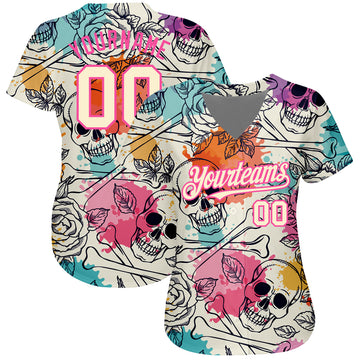 Custom Cream Pink-Black 3D Flower And Skull Fashion Authentic Baseball Jersey