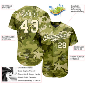 Custom Camo Cream-Olive 3D Skull Fashion Authentic Baseball Jersey