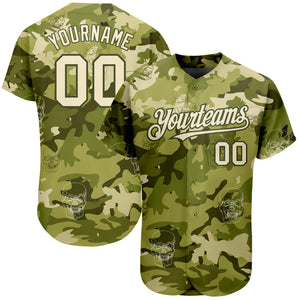 Custom Camo Cream-Olive 3D Skull Fashion Authentic Baseball Jersey