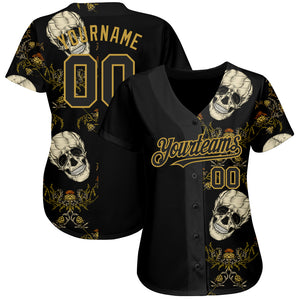 Custom Black Old Gold 3D Plant And Skull Fashion Authentic Baseball Jersey