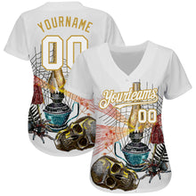 Load image into Gallery viewer, Custom White Old Gold 3D Spider And Skull Fashion Authentic Baseball Jersey
