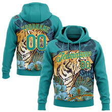 Load image into Gallery viewer, Custom Stitched Teal Yellow 3D Pattern Design Tiger And Flower Sports Pullover Sweatshirt Hoodie
