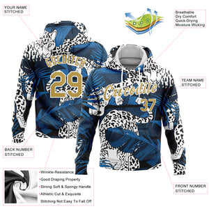 Custom Stitched Navy Old Gold-White 3D Pattern Design Leopard And Tropical Plants Sports Pullover Sweatshirt Hoodie