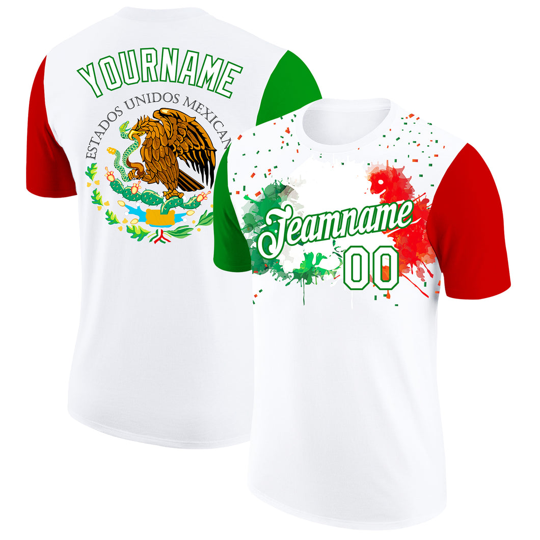 Custom White Grass Green-Red 3D Mexican Flag Splashes Performance T-Shirt